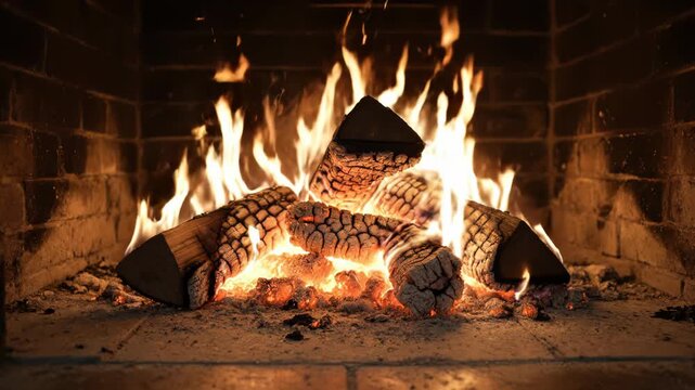 A roaring fire burns brightly in a brick fireplace with logs 4k video