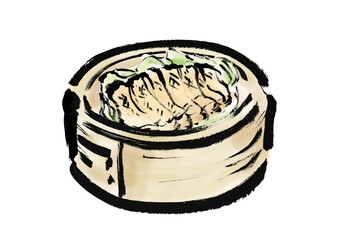 蒸篭に入った鶏肉料理の和風筆イラスト素材