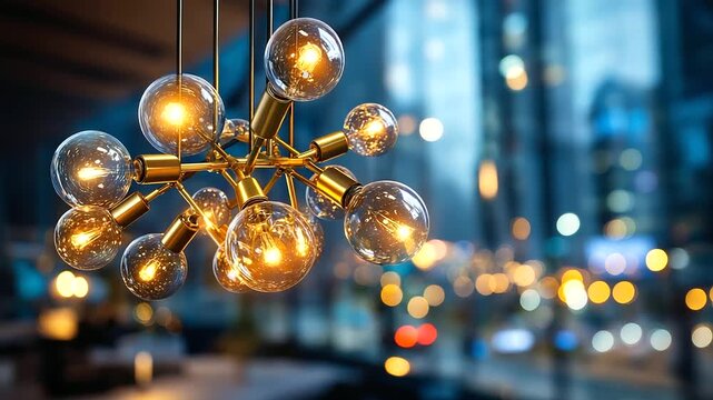 Modern light fixture with multiple bulbs hanging from ceiling symbolizing bright ideas and innovative corporate design, chandelier innovation, with copy space
