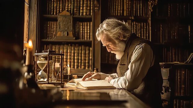 A serene scene of an elderly scholar engrossed in reading, perfect for educational content or historical narratives.