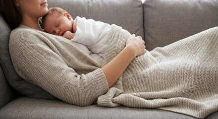 Newborn Asleep on Mother&rsquo;s Chest in Cozy Knit Blanket at Home