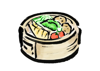 蒸篭に入っている野菜の和風筆イラスト素材