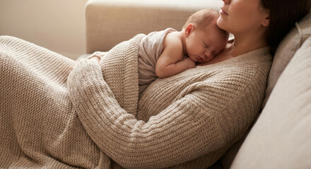 Newborn Asleep on Mother’s Chest in Cozy Knit Blanket at Home