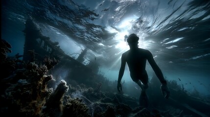 Freediver silhouette underwater scene