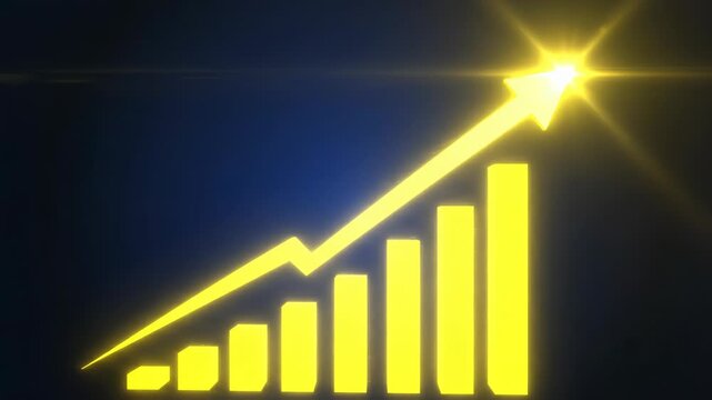 Glowing yellow graph with upward trend on dark blue background 4k video