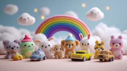Fototapeta premium Cute Plush Animals and Cars with Rainbow and Clouds