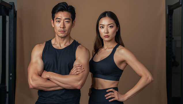 ジム背景で機能的ウェアを着た30代男女フィットネスペアの写真