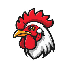 Close-up profile of a stylized rooster's head in vibrant red, white, and yellow colors, featuring bold outlines and a modern graphic art style.