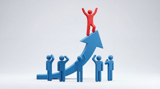 Red leader figure standing on top of a rising blue growth arrow as team members look up
