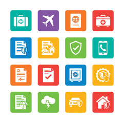 Collection of insurance and security icons representing various types of protection and safety