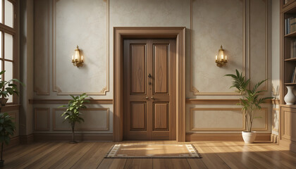 Fototapeta premium Ornate wooden double door in a room with paneled walls and sconces wooden door interior