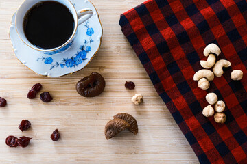 Dried figs, nuts and coffe flat lay