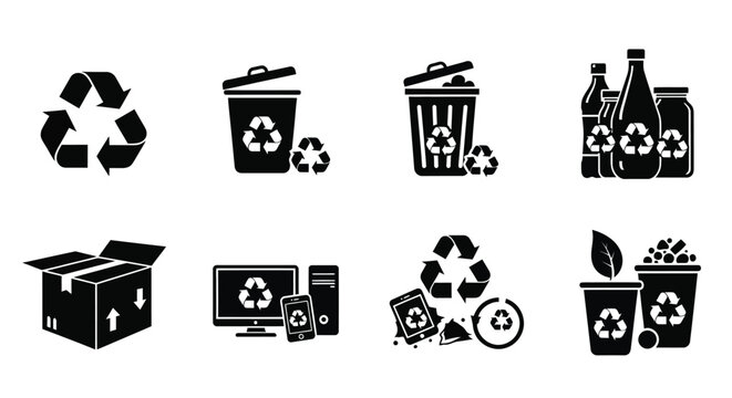 Black and white recycling icons depicting waste management and environmental concepts