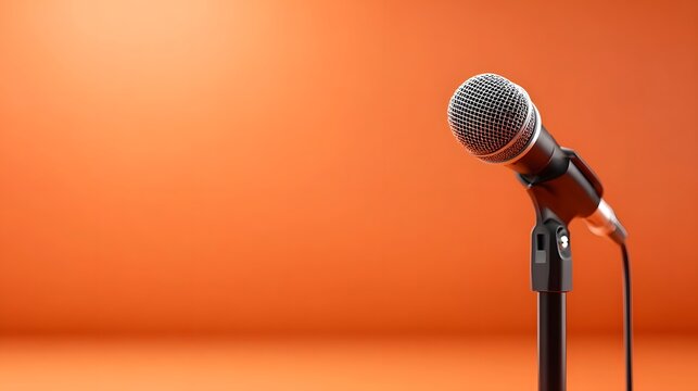 A classic silver microphone is mounted on a black adjustable stand positioned against a smooth solid orange backdrop ideal for music speeches or broadcasting