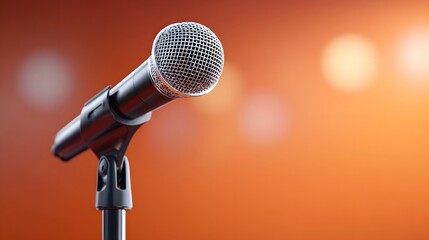 Obraz premium Close up of a silver and black microphone on a stand The background is a warm out of focus orange with luminous bokeh creating an atmosphere of music speech or live entertainment