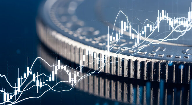 Close up of a silver coin with a financial stock market graph overlaid representing economic growth and investment trends