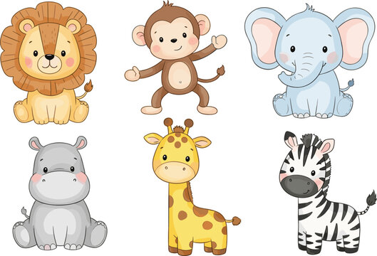 Flat vector illustration set of cute baby safari animals including lion monkey elephant hippo giraffe and zebra characters for nursery decor and children design