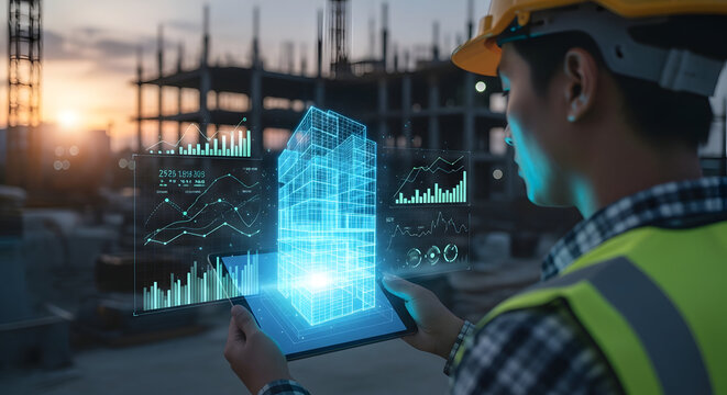 Construction worker using augmented reality tablet displaying building blueprint and data analytics on a construction site at sunset
