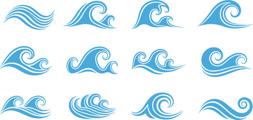 Ocean wave collection, blue water splash set, sea wave vector illustration, marine surfing design, aquatic motion isolated