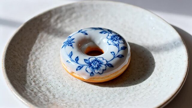Donut with blue floral icing on plate