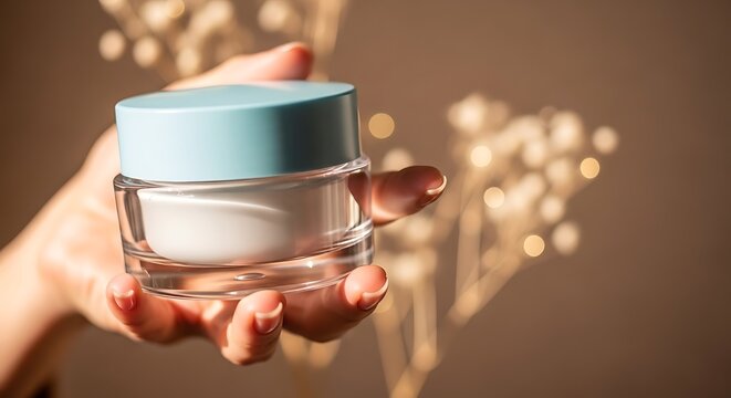 Hand holding a cosmetic jar with soft bokeh background and soft light