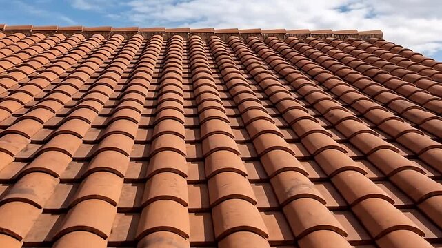 A low-angle view captures the intricate pattern of traditional terracotta roof tiles stretching across a building's top under a clear, bright blue sky dotted with soft white clouds. The warm reddish-b