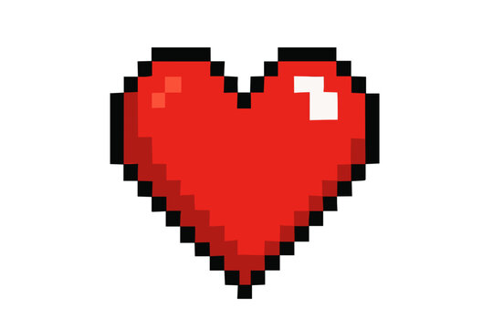 Pixelated Red Heart Icon on Black Background with Glossy Shine and Retro Style