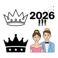 Prom king and queen couple icon set with crowns and class theme