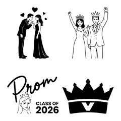 Prom romance and winner icon set with hearts crowned couple and queen emblem