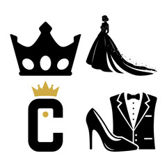 Prom queen royalty icon bundle with crown gown heel and tuxedo
