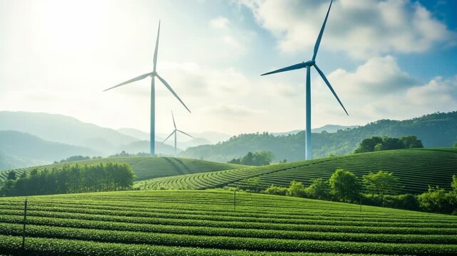 Wind turbines in a green field with hills and blue sky