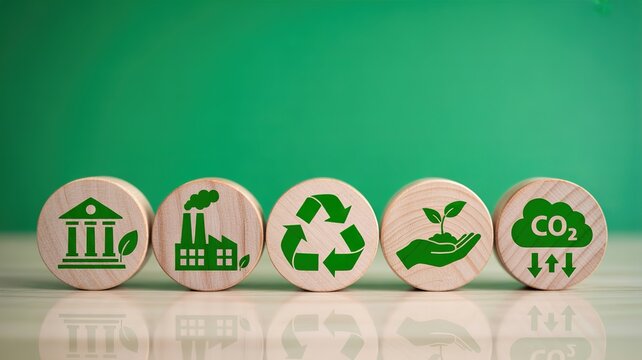 Eco-friendly business icons on wooden blocks with green background sustainable development goals concept