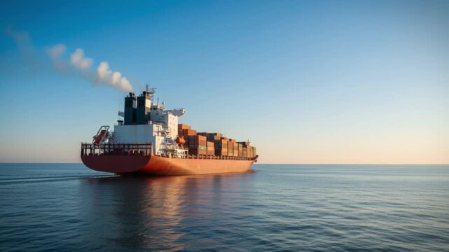 A large container vessel navigates through the open ocean, its towering structure and visible exhaust pipes dominating the maritime landscape under a clear blue sky