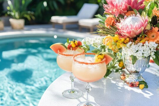 Refreshing summer cocktails by poolside with vibrant floral arrangement
