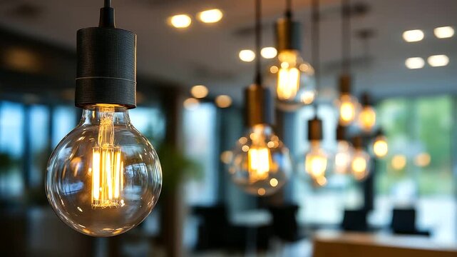 Modern light fixture with multiple bulbs hanging from ceiling symbolizing bright ideas and innovative corporate design, chandelier innovation, with copy space