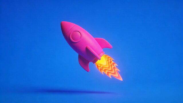 A simplified cartoon rocket icon in bright pink hovering against a pure Klein blue background.