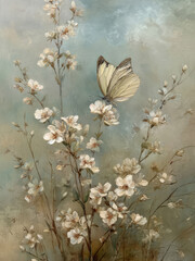 Vintage Easter Spring Butterfly on a Moody Meadow Flowers Print