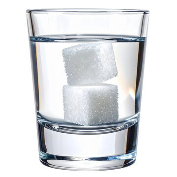 Two sugar cubes submerged in water within a clear glass on white