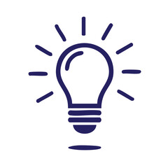 Bright blue lightbulb idea concept with glowing rays on white background