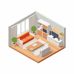 Coin salon moderne en vue isom&eacute;trique avec canap&eacute; et d&eacute;coration