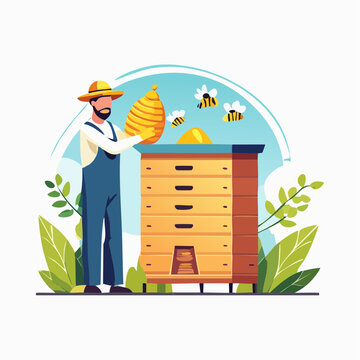 Illustration d&rsquo;un apiculteur inspectant une ruche en plein air
