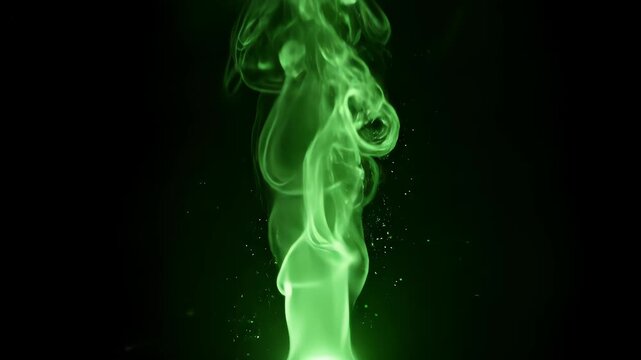 A column of ethereal green fire or magical smoke rises and swirls on a black background. Seamlessly looping animation perfect for fantasy, Halloween, or as a supernatural effect