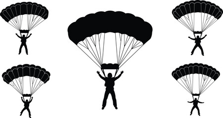 Black vector silhouette set of five skydivers descending with open parachutes for extreme sports branding skydiving adventure leisure and active outdoor recreation lifestyle © MdFaruk
