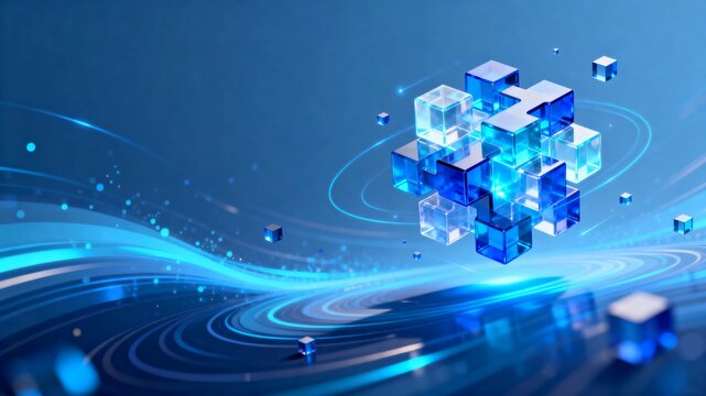 Vector style digitalized floating blue gradient semi-transparent glowing cube-shaped tech background design;
