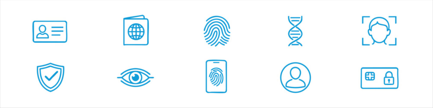 Set of biometric security and personal identity line icons including fingerprint, facial recognition, eye scan, DNA, ID card, and passport symbols.