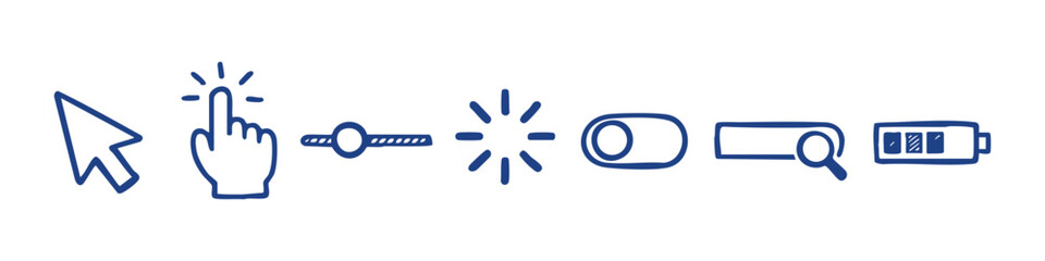 Hand-drawn set of UI icons including cursor, click hand, slider, loading, toggle, search bar, and battery. Minimalist doodle style on white © Nort Kor