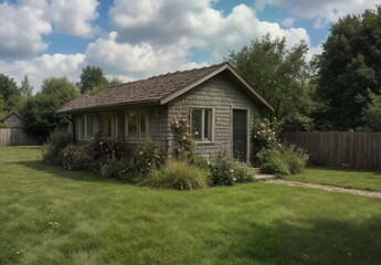 rustic garden shed with climbing roses on a lush green lawn.