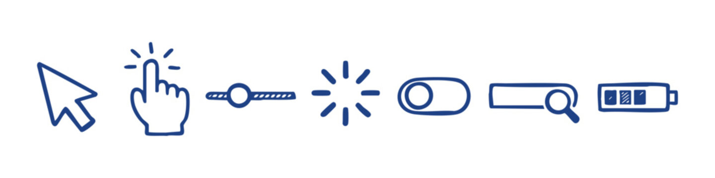 Hand-drawn set of UI icons including cursor, click hand, slider, loading, toggle, search bar, and battery. Minimalist doodle style on white
