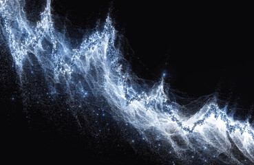 Realistic luminous line of blue dust with radiant . downward-sloping stock price chart. glow effect. black background