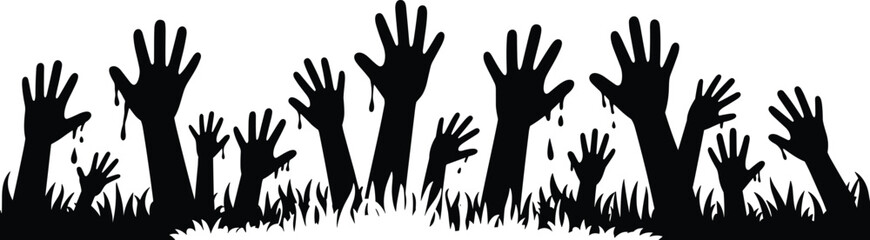 Obraz premium Dark black silhouette vector illustration of multiple zombie hands rising from ground with dripping effect, eerie horror design, Halloween undead concept, high resolution artwork.
